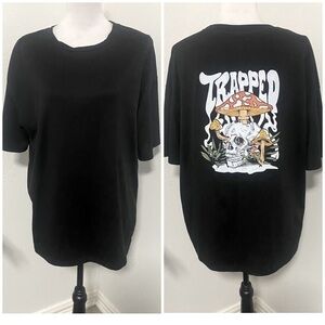 Mushroom & Letter Graphic “TRAPPED” Drop Shoulder Tee Black Unisex Size Medium